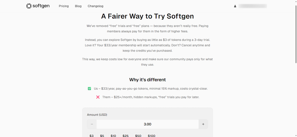 screenshot of “A Fairer Way to Try Softgen.” page