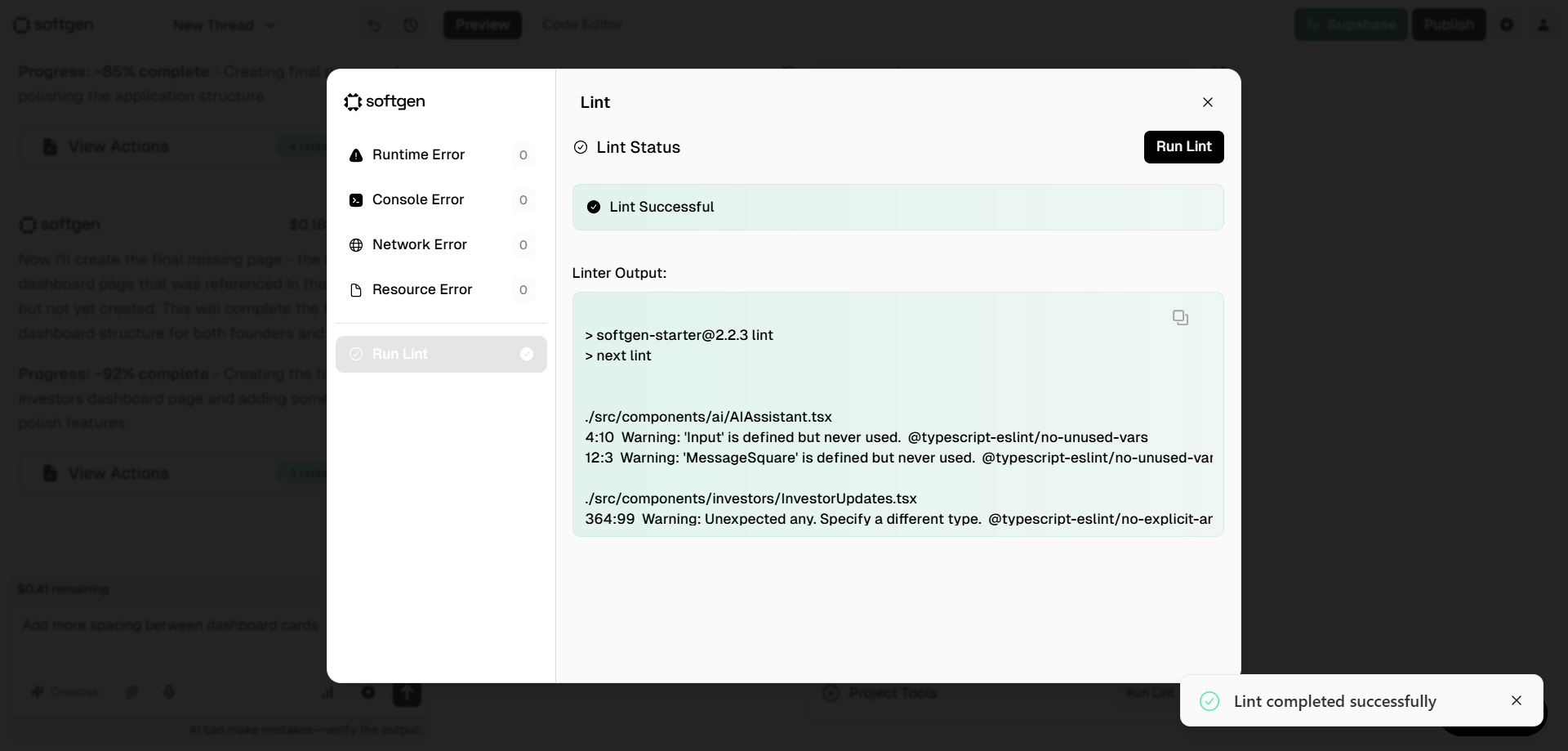 sceenshot of Lint Status page