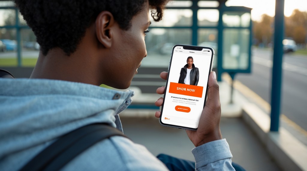 Someone tapping a “Shop Now” button on a mobile ad while sitting at a bus stop.