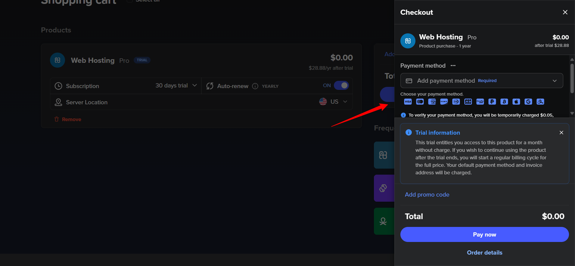 screenshot of Payment methods