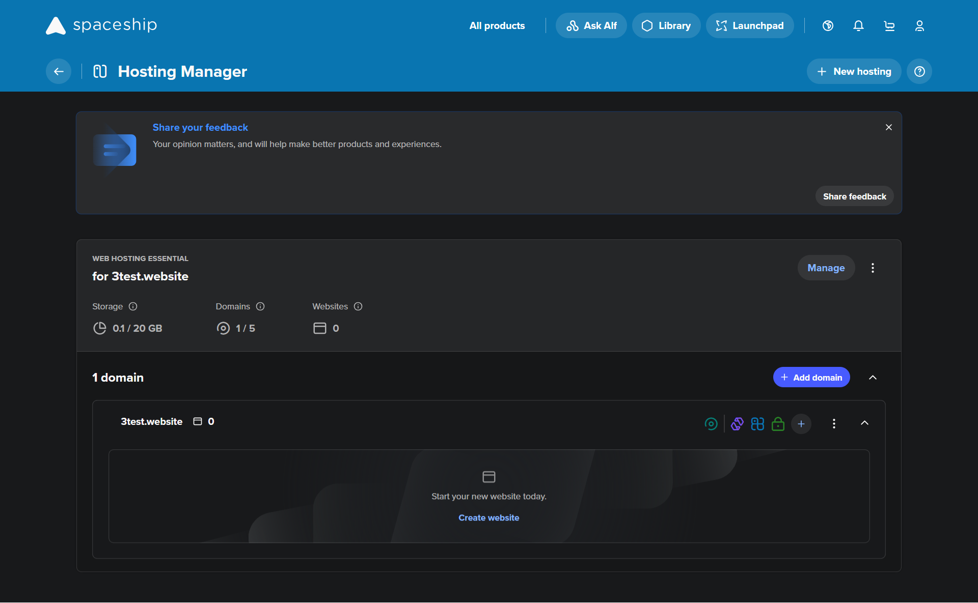 screenshot of the Hosting Manager