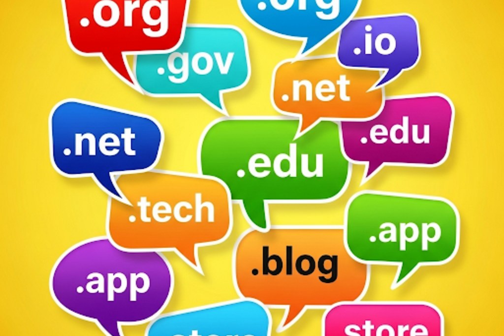 Speech Bubbles With Domain Extensions On Yellow Background.