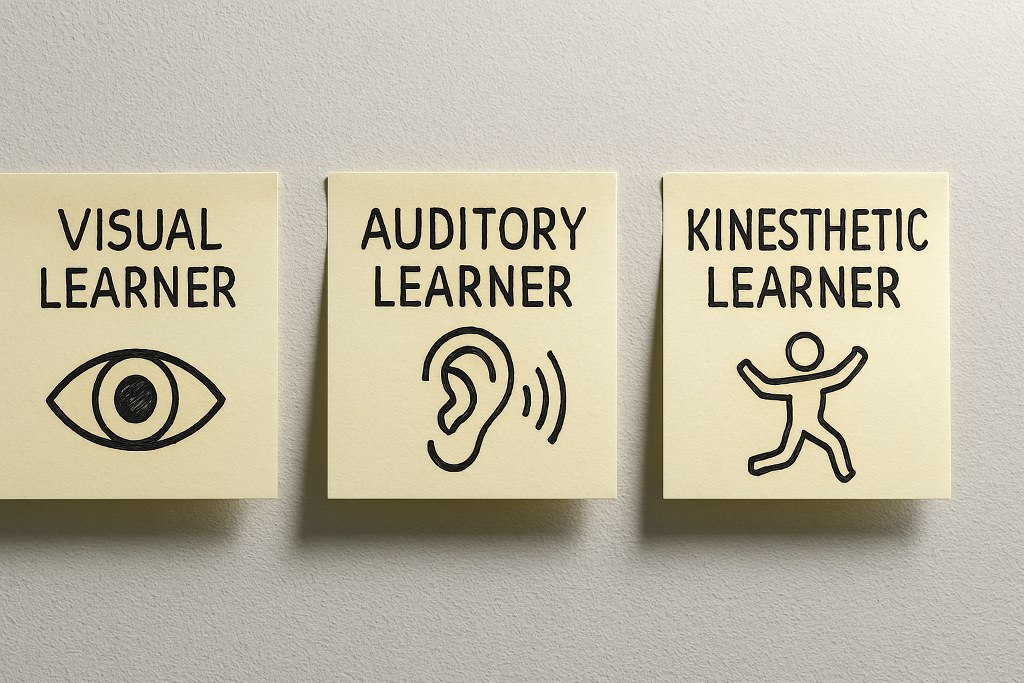 Sticky notes on visual, auditory and kinesthetic learners.