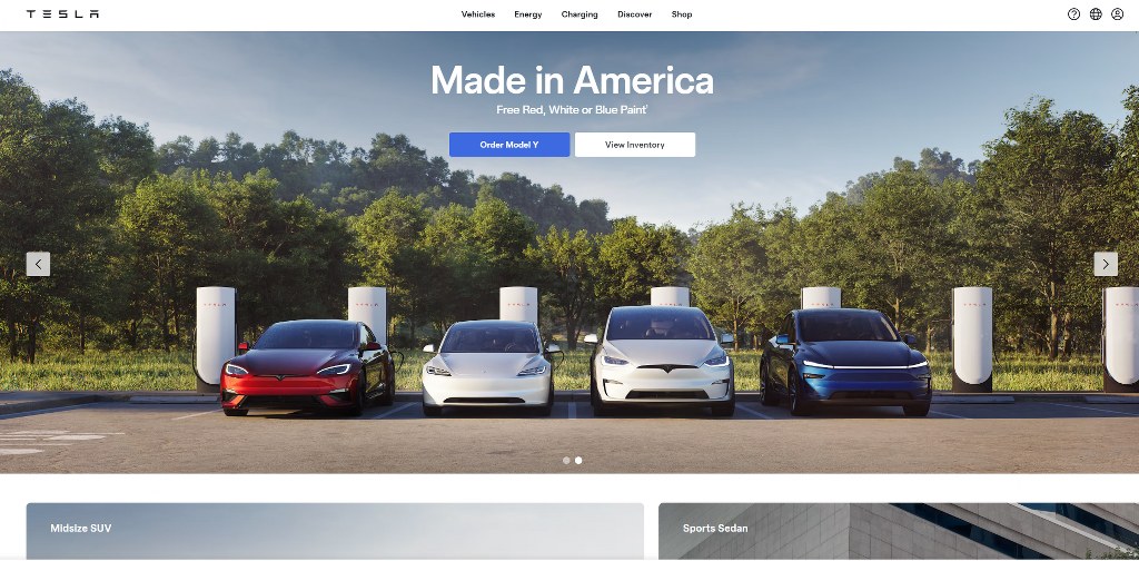 Tesla's website homepage.