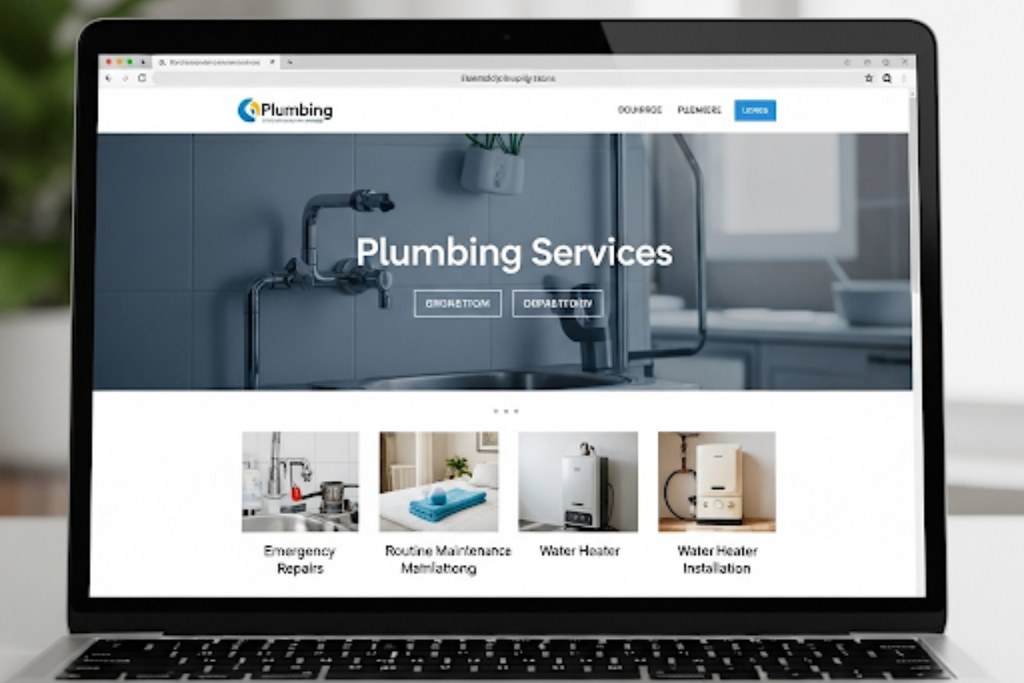 Plumbing website displayes on laptop.