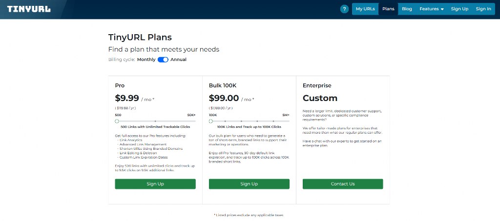 TinyURL pricing.