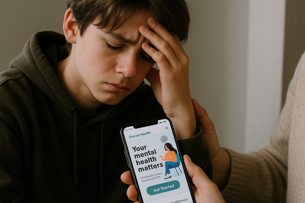 Troubled teen being comforted by loved one and handed over a phone with website.