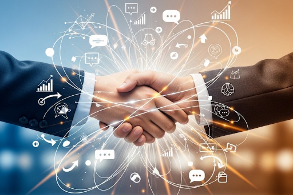 Two business people shake hands.