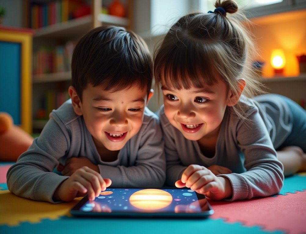 Two children excitedly play an educational science game on a tablet in their playroom.