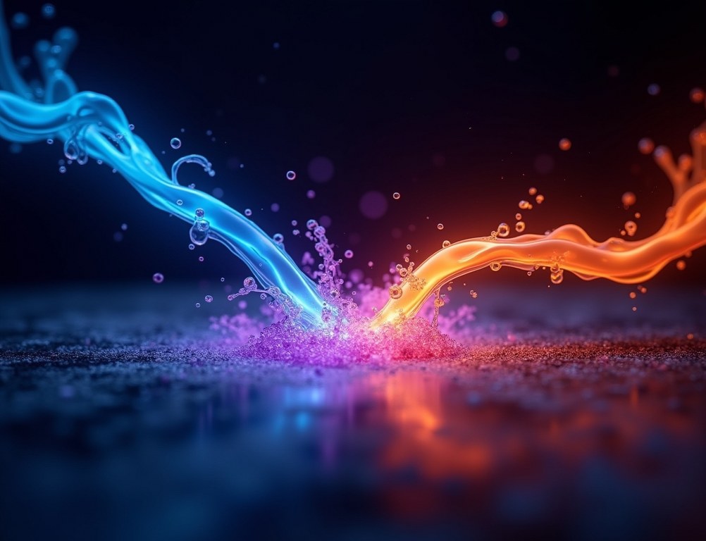 Two different colored streams of light merging to form a new single color, symbolizing a corporate merger.