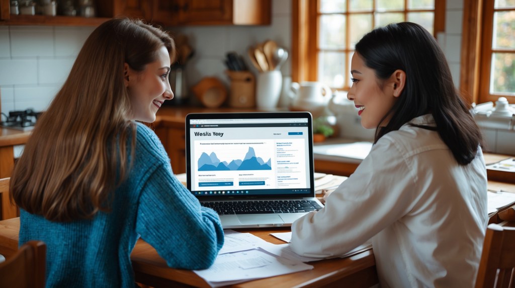 Two friends brainstorming at a kitchen table while looking at their site stats on a laptop.
