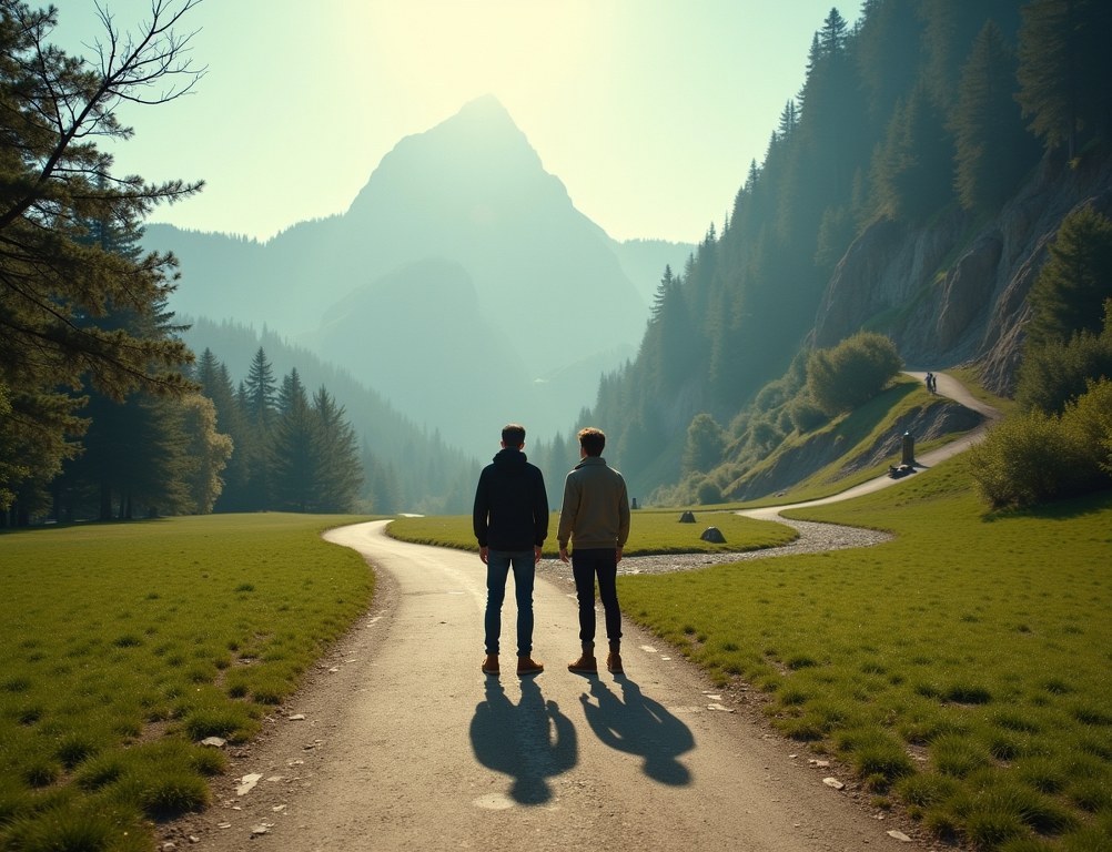 Two people at a fork in the road, with one path being a safe park walkway and the other a risky mountain trail.