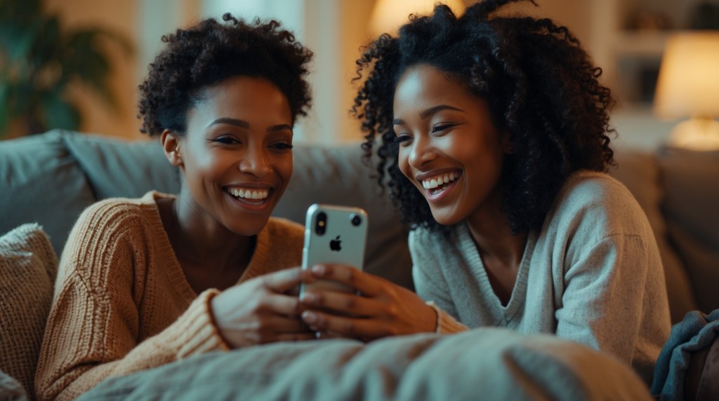 Two people chatting on a couch, one showing the other a funny video on their phone—symbolizing authentic content sharing.