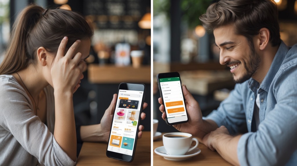 Two people side by side: one struggling with a clunky desktop-first site, the other browsing smoothly on a phone.