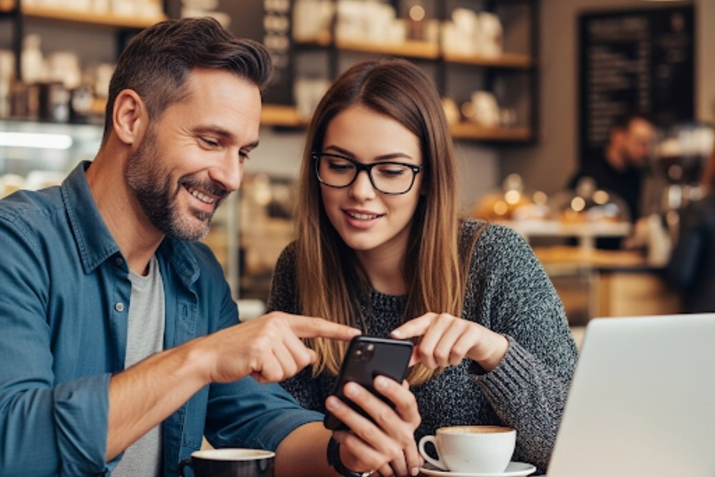 Two people talking and looking at phone.
