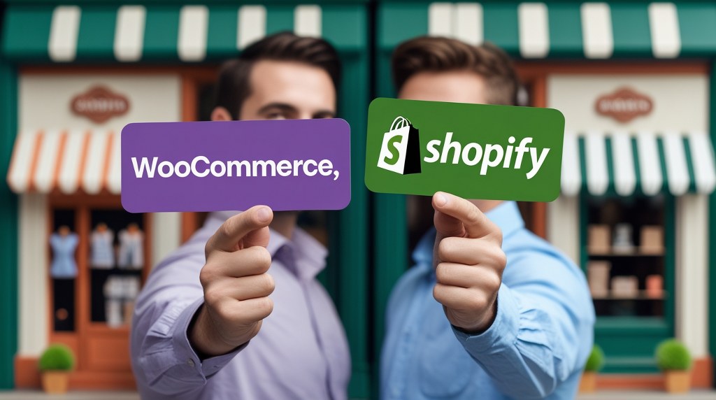 Two shopkeepers standing side by side, one holding a “WooCommerce” sign and the other a “Shopify” sign, showing competition.