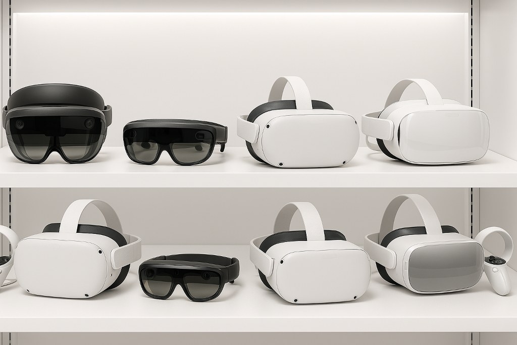 VR and AR headsets being sold in a shop.