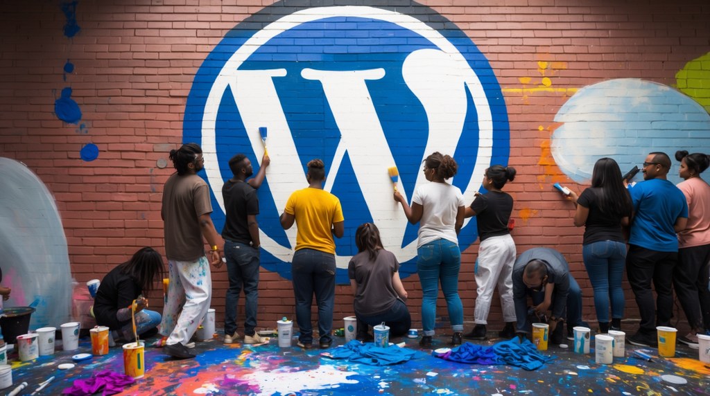 Various people painting a mural together, each adding their own unique touch to a large WordPress logo.