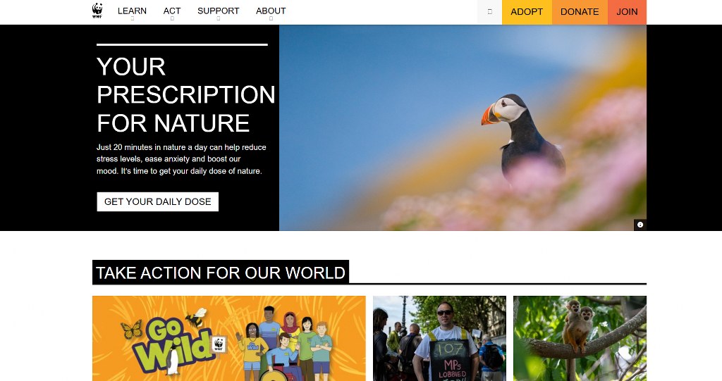 WWF website homepage.