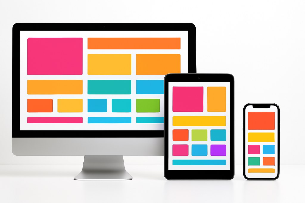 Web design tiles on the computer monitor, tablet and phone, showing good responsive design.