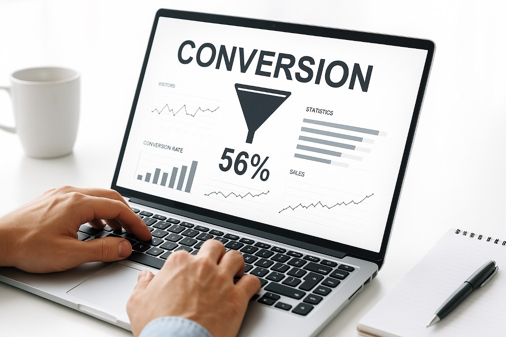 Website conversion rate analytics on a laptop.