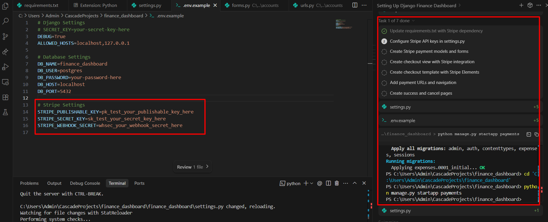 screenshot of Stripe Settings
