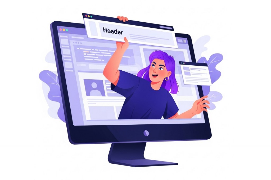 Woman inside a computer monitor, holding a colorful website header above his head.
