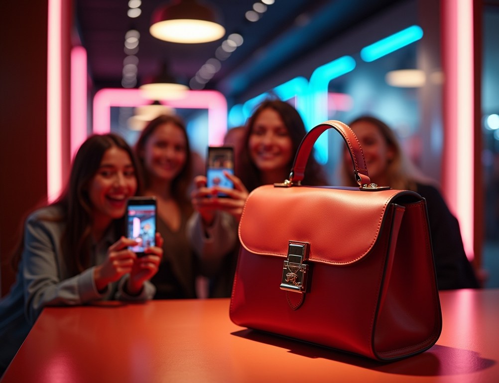 Young, diverse consumers engaging with a luxury brand product in a modern pop-up shop.