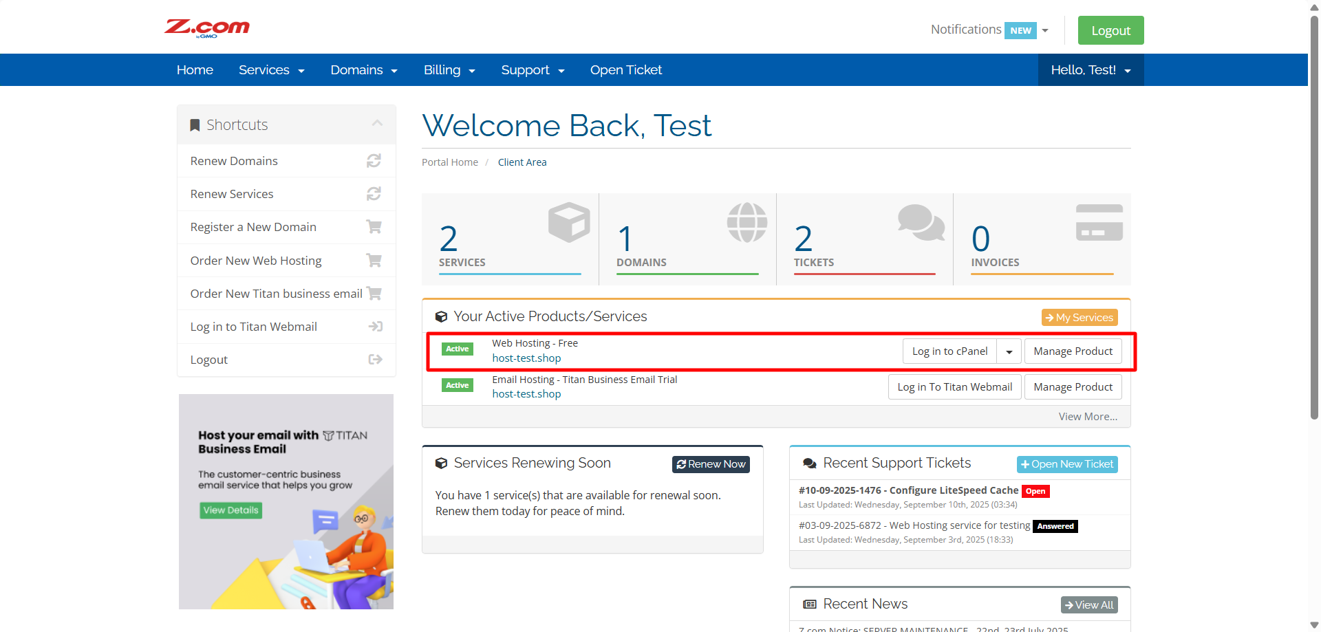 Active Products and Sevices tab with the Free WebHosting highlighted