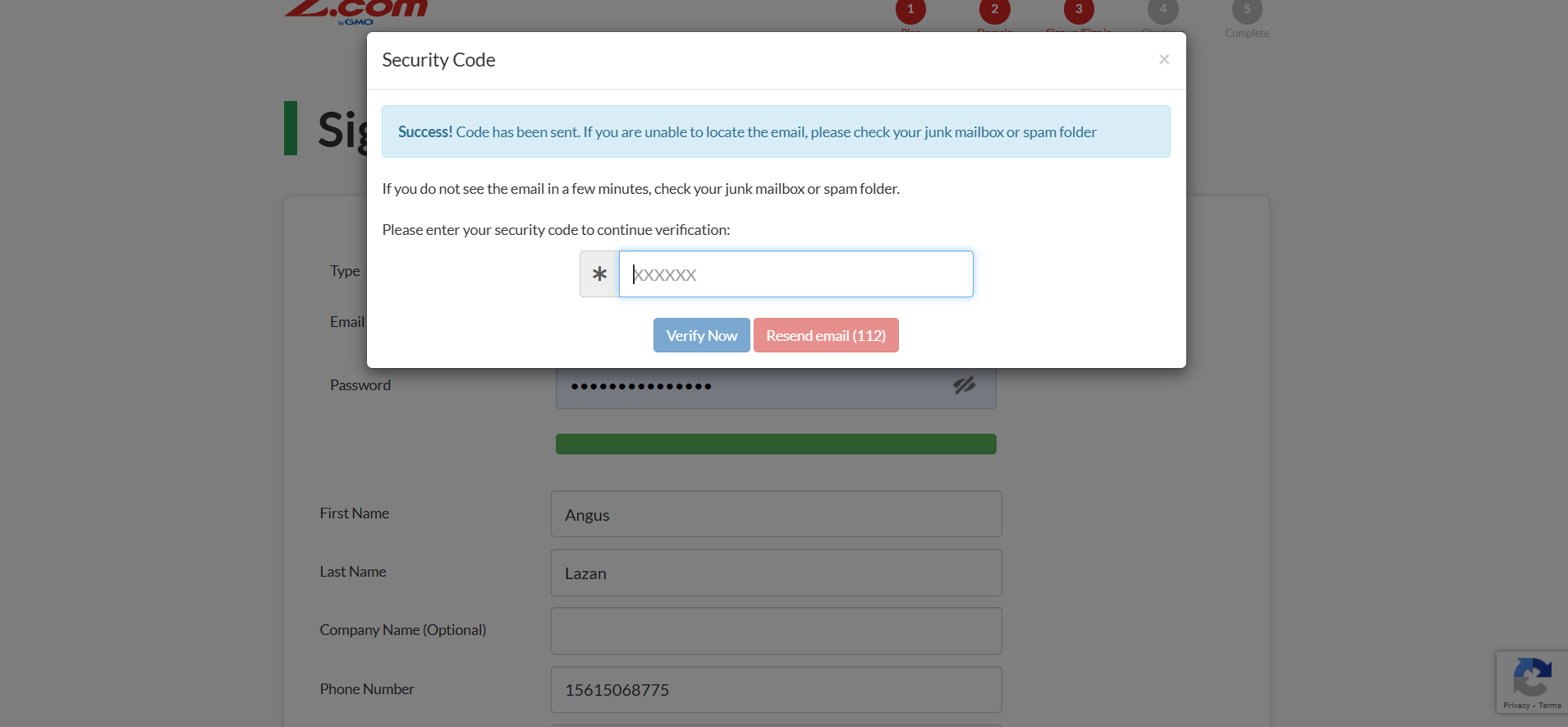Security Code popup