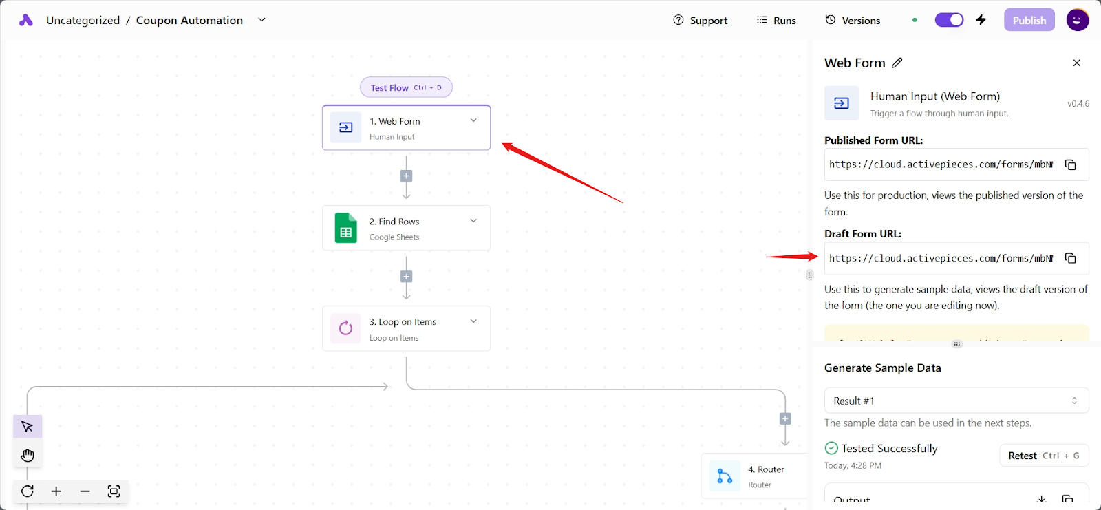 Activepieces web form trigger with published and draft URLs