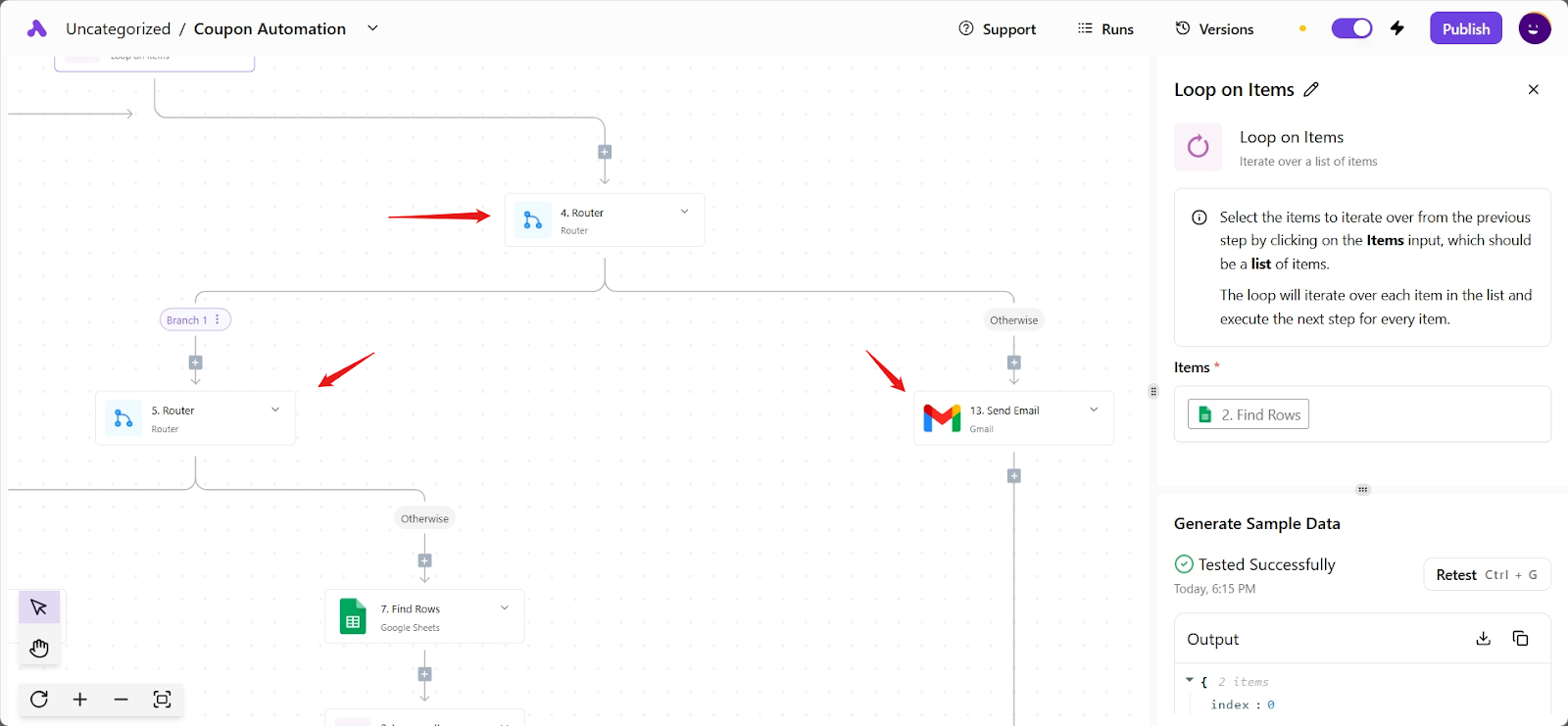 Activepieces router branching results with outputs