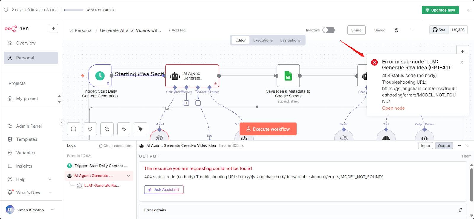 n8n AI Agent node failure with error details and 404 code