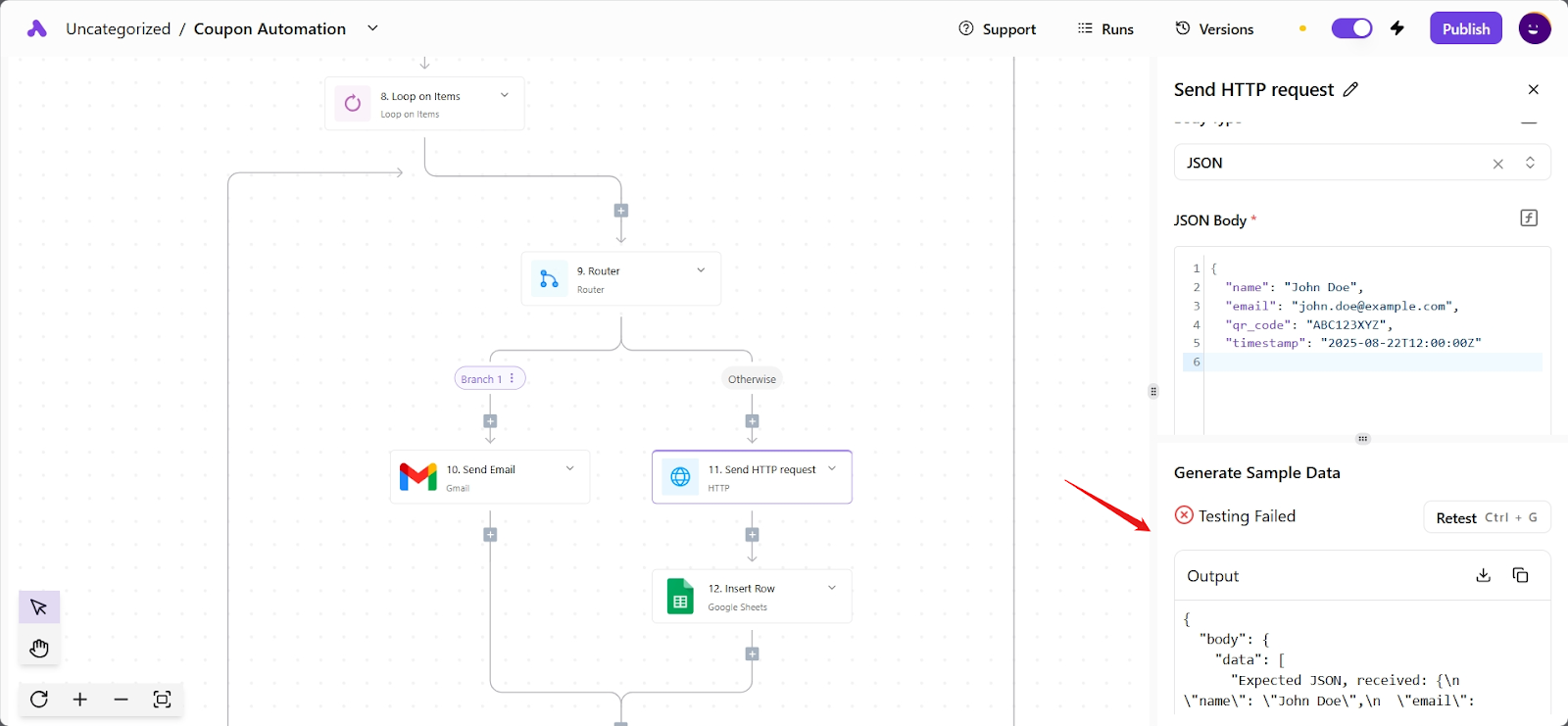 Activepieces HTTP request testing failed banner with output error