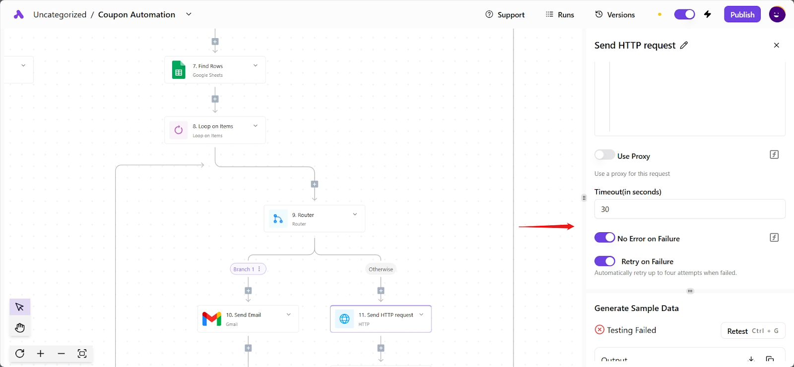 Activepieces HTTP step settings including No Error on Failure, Timeout, and Data Selector