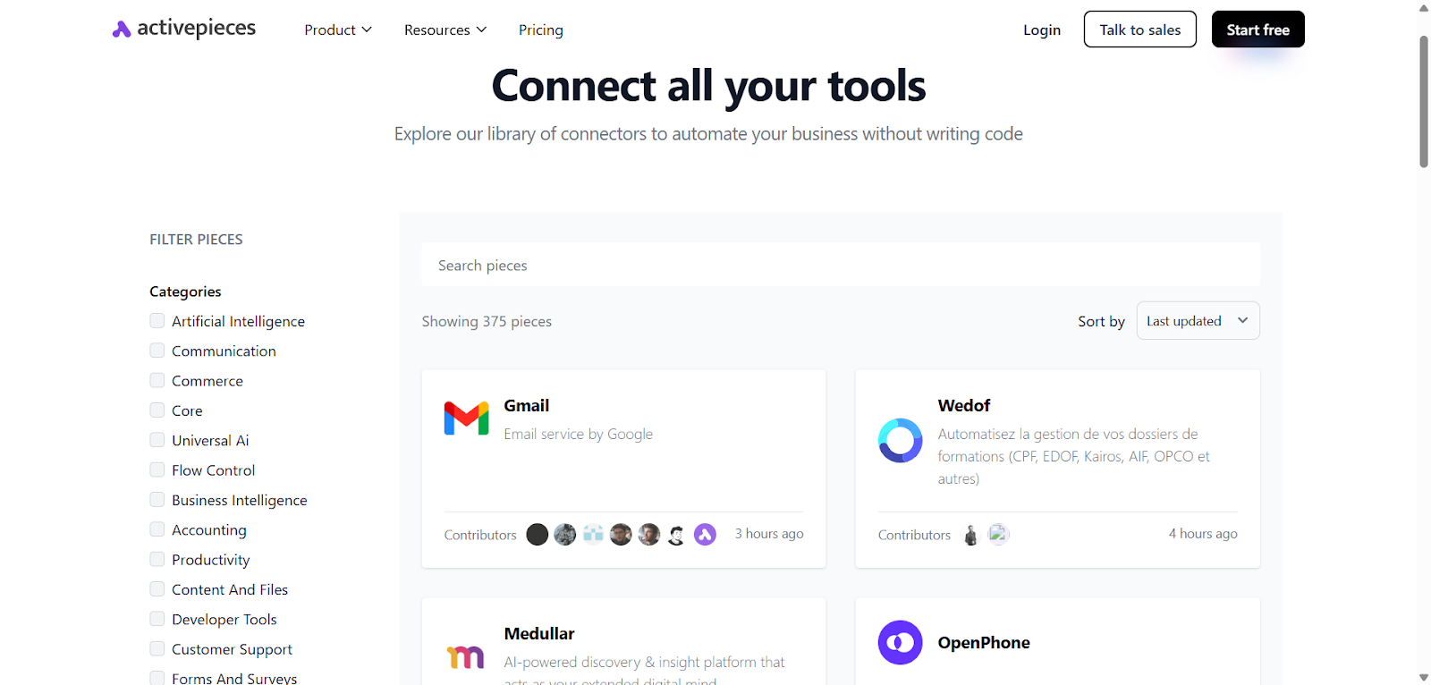 Activepieces pieces library with search and app tiles