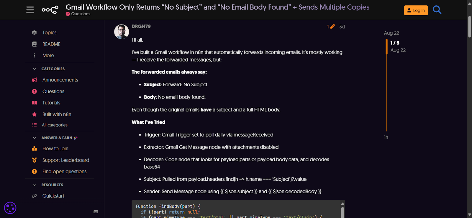 n8n forum thread discussing Gmail workflow subject and body extraction