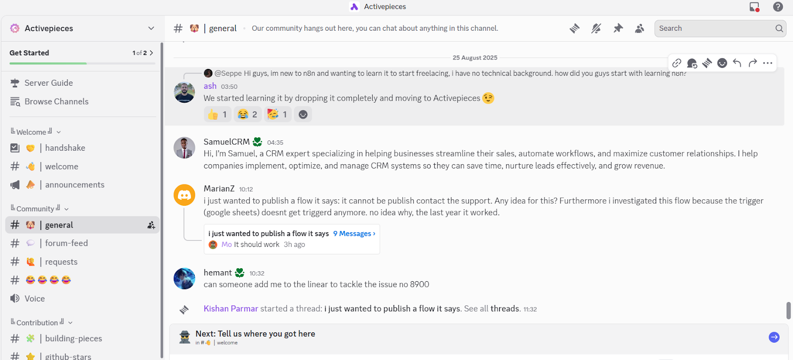 Activepieces Discord server general channel activity
