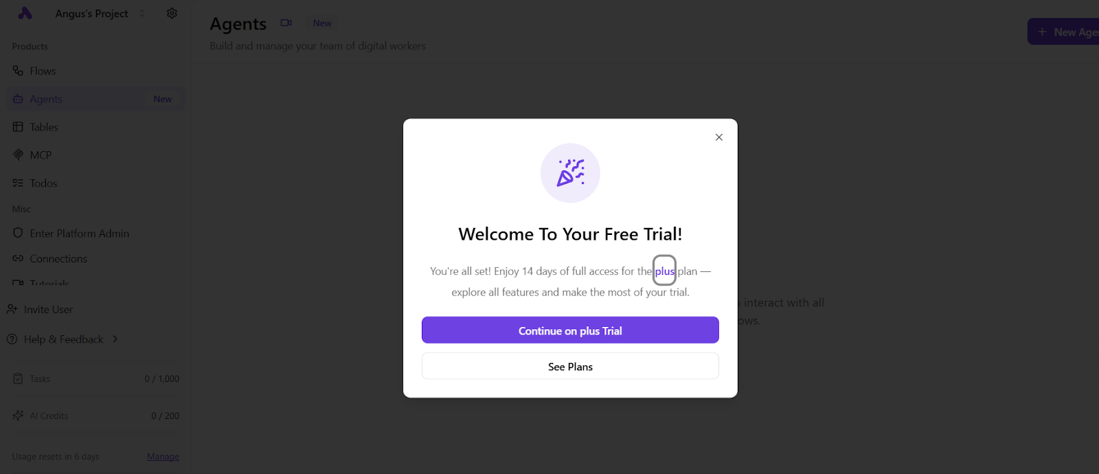 Activepieces free trial pop-up showing Plus plan and AI credits