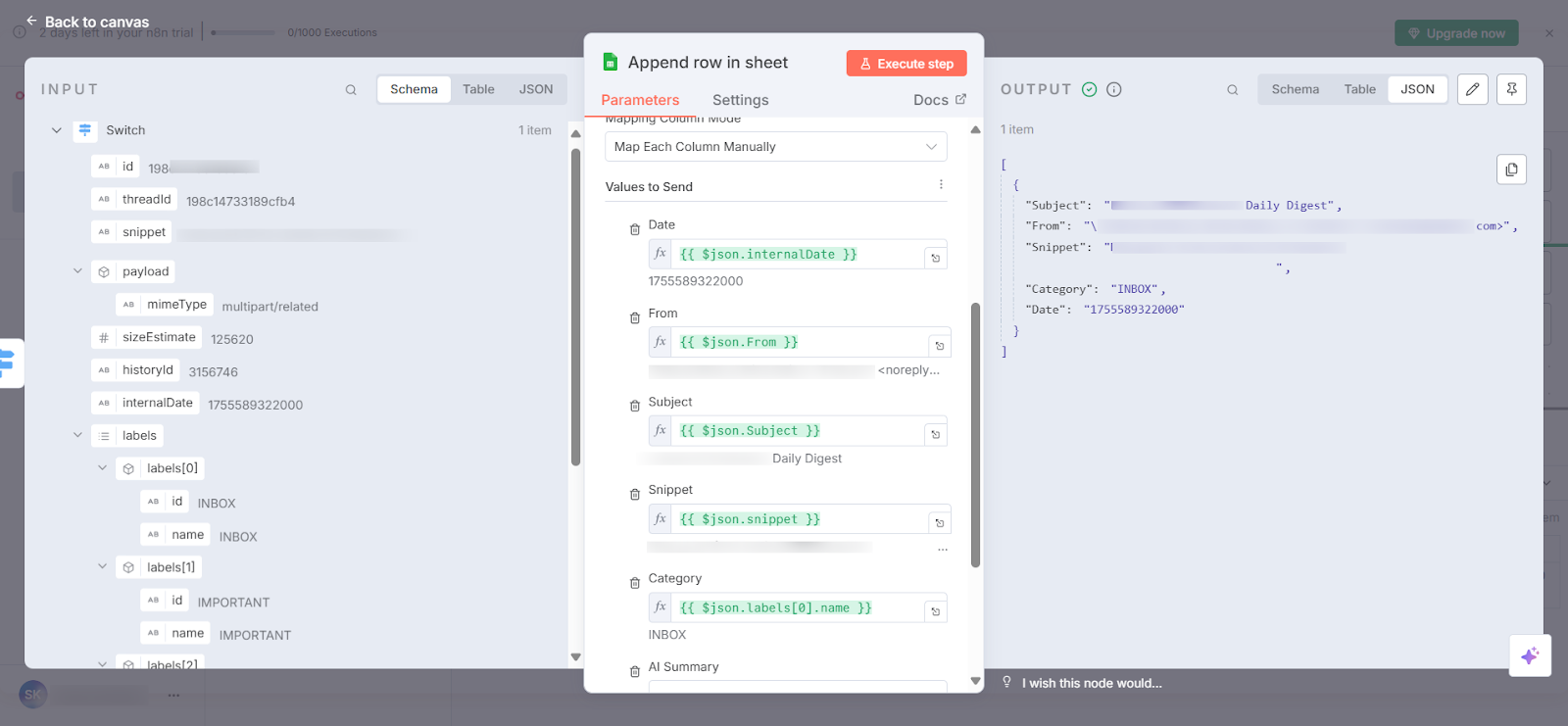 n8n Google Sheets append row configuration for invoice logs