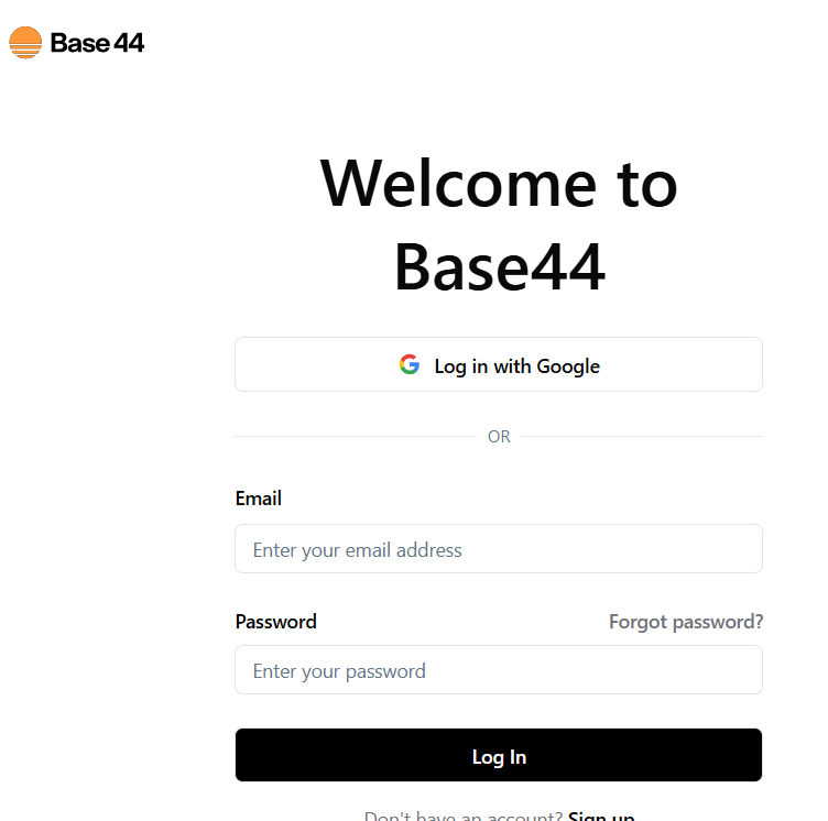 Base44 sign up and log in screen