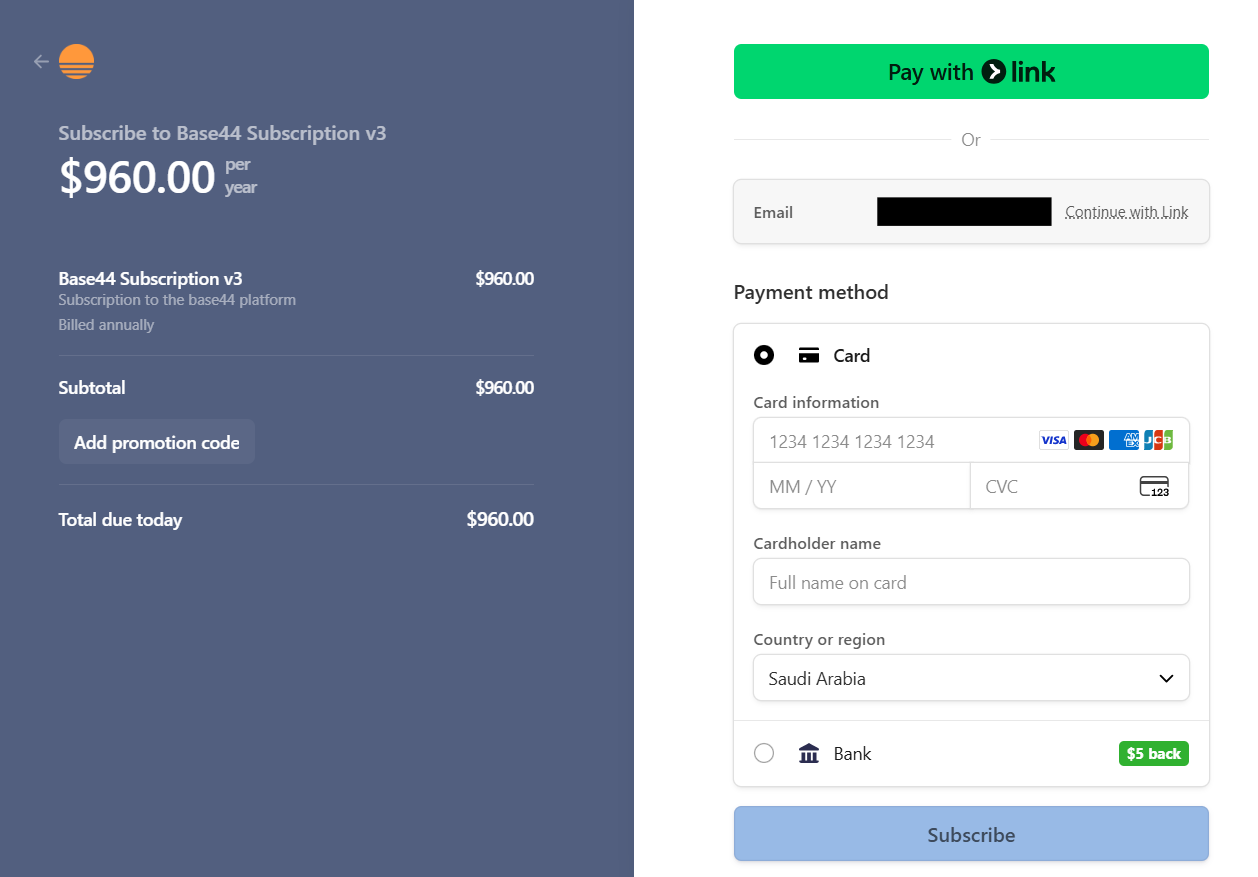 Base44 Billing section showing Starter, Builder, Pro, and Elite plans