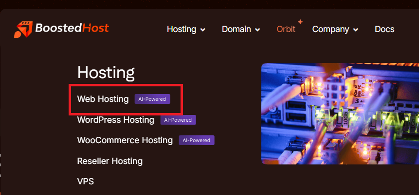BoostedHost Hosting dropdown menu with Web Hosting option highlighted