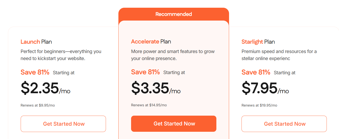 BoostedHost plan selection page with Get Started Now button