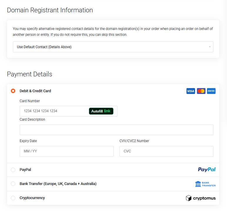 BoostedHost payment details page with card entry fields