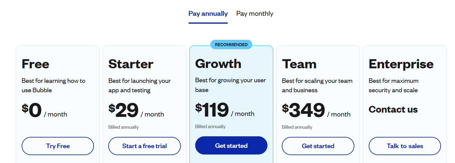 Bubble plans comparison page (Free, Starter, Growth, Team, Enterprise)