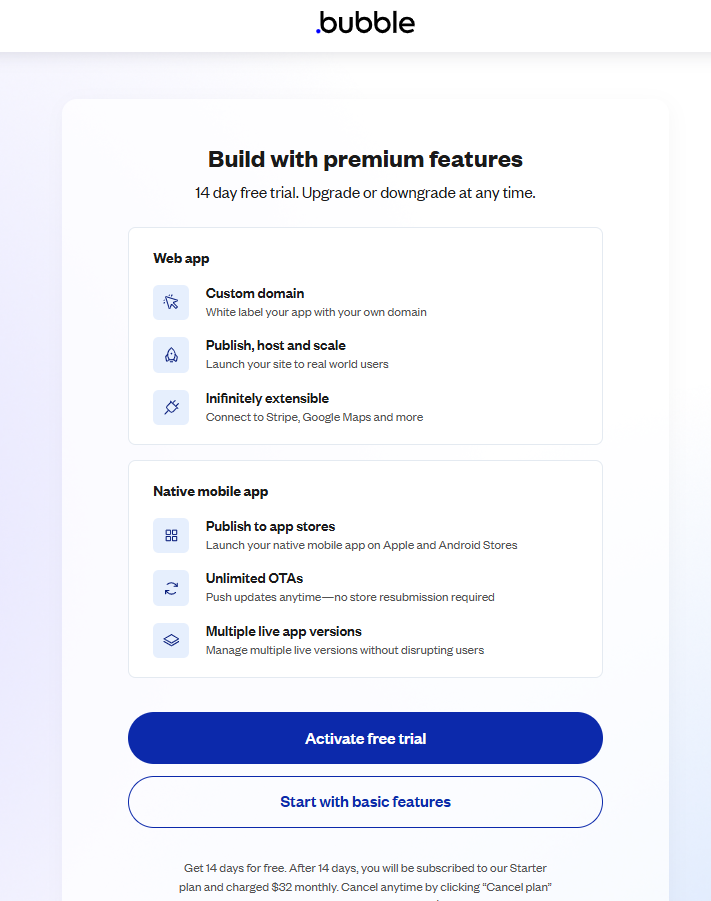 Bubble registration screen with Continue with Google, Start building, and Login or SSO options