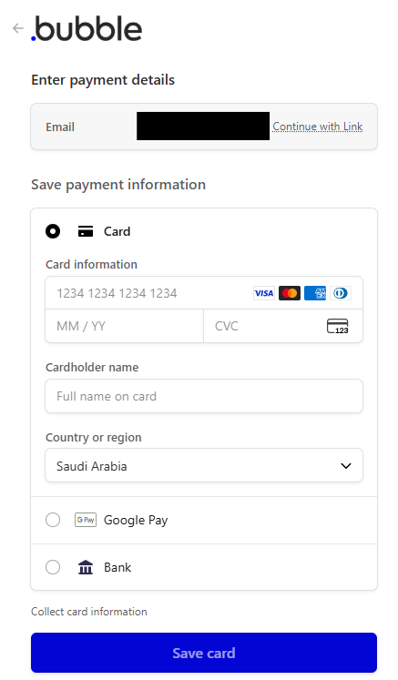 Bubble payment details form to activate 14-day free trial