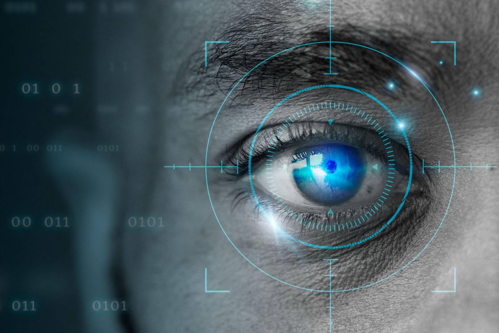 Close-up of a human eye with digital scanning interface, representing biometric identification technology