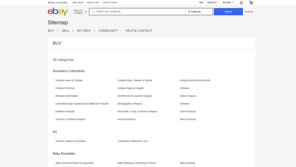 eBay's HTML sitemap.